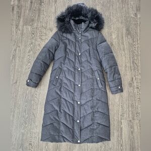 Liz Claiborne Gray Black Herringbone Hooded Puffer Jacket Coat Small S